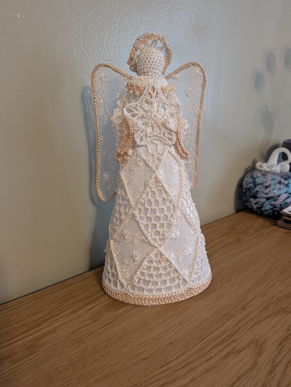 Beaded Lace Angel Tree Topper - Ivory and Champagne